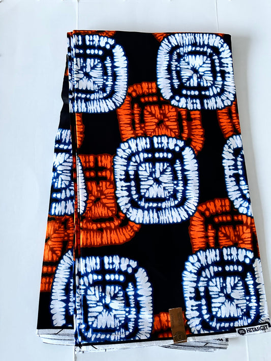 African Print Fabric, Ankara - Orange, White Fabric