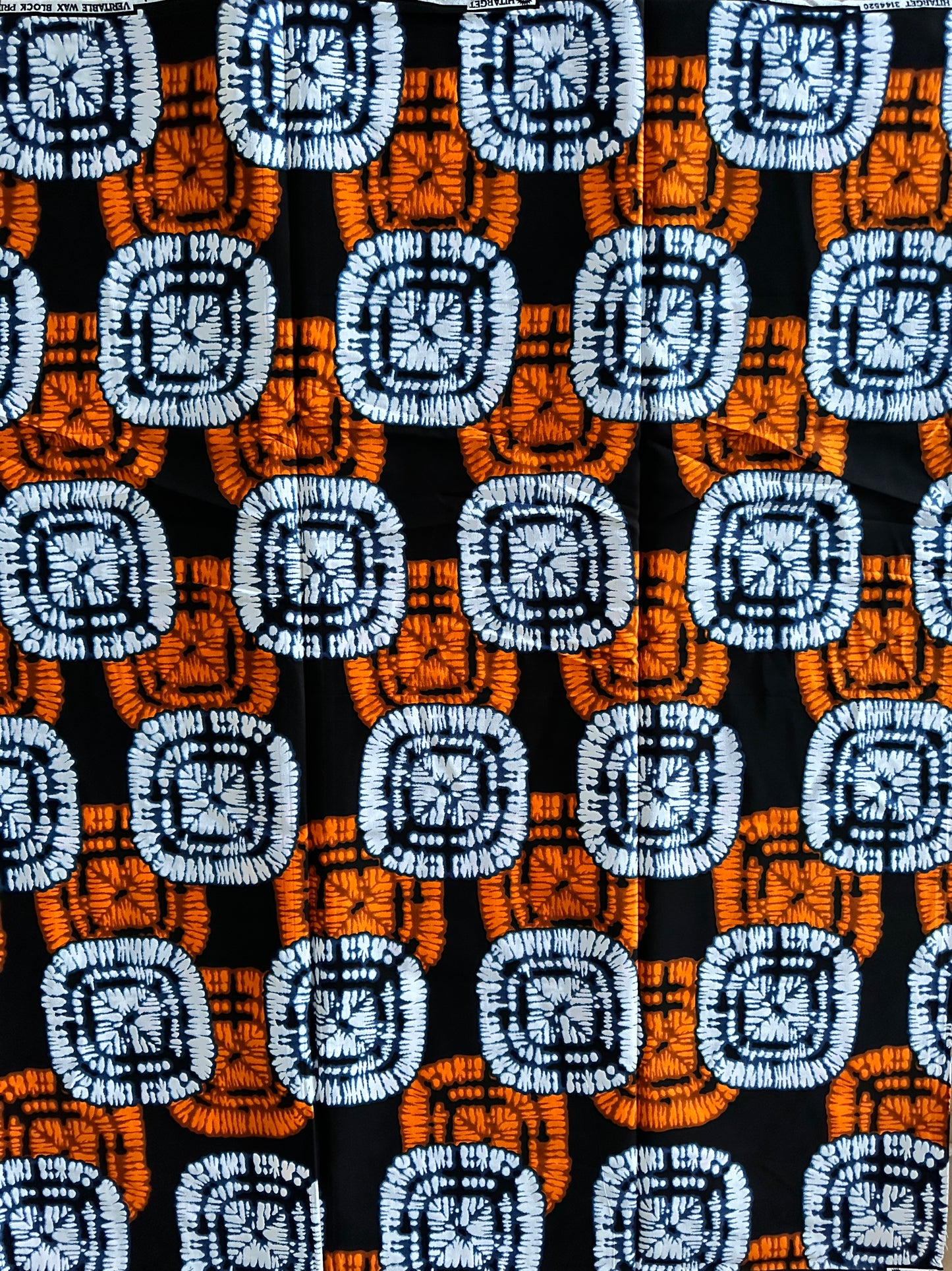 African Print Fabric, Ankara - Orange, White Fabric