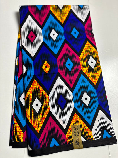 African Print Fabric, Ankara - Blue, Pink, Yellow Fabric