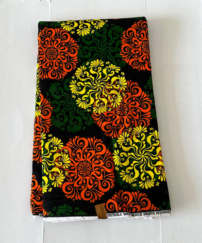 African Print Fabric, Ankara - Orange, Green, Yellow Fabric