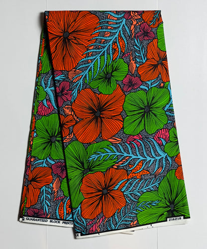 African Print Fabric, Ankara - Green, Orange, Pink Fabric