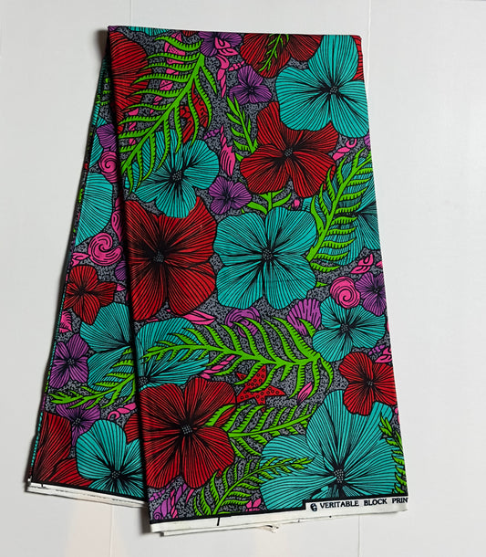African Print Fabric, Ankara - Red, Green, Pink Fabric