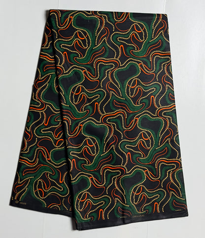 African Print Fabric - Green, Orange, Beige Ankara Fabric