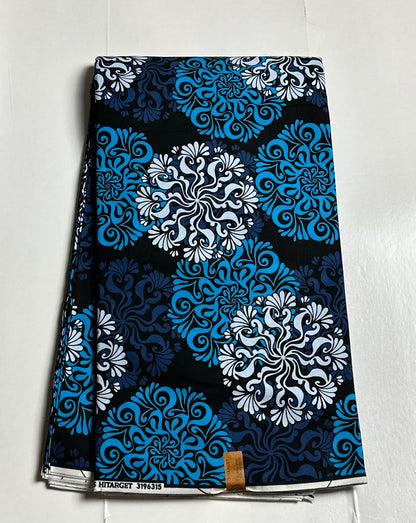 African Print Fabric, Ankara - Blue, White Fabric