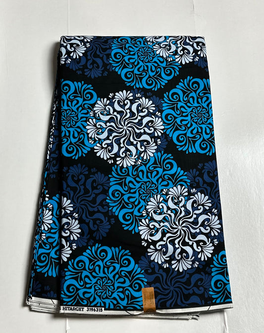 African Print Fabric, Ankara - Blue, White Fabric