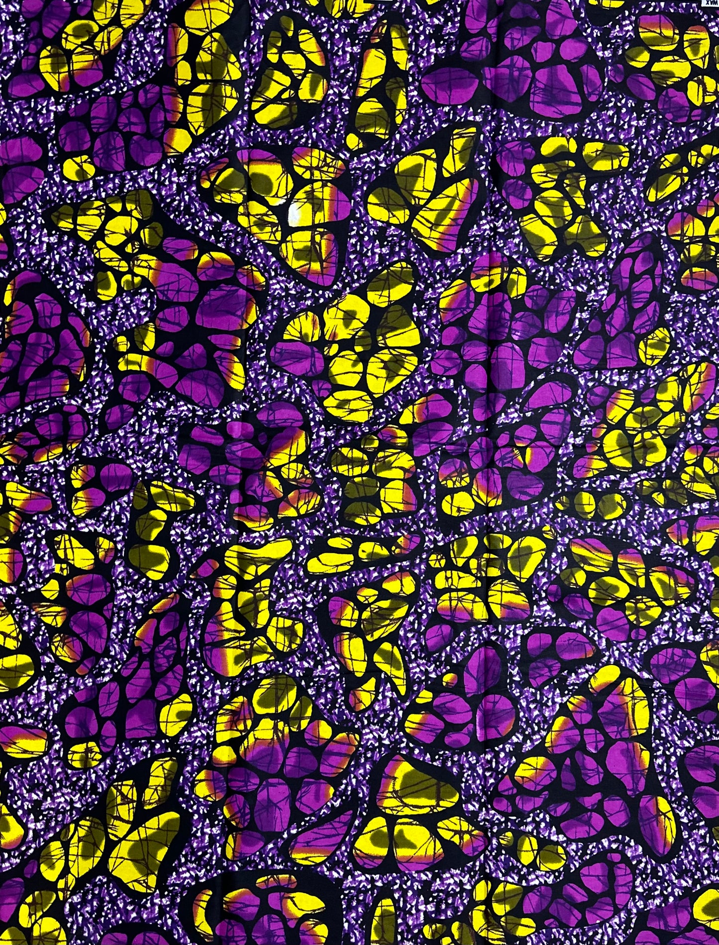 African Print Fabric, Ankara - Purple, Yellow Fabric