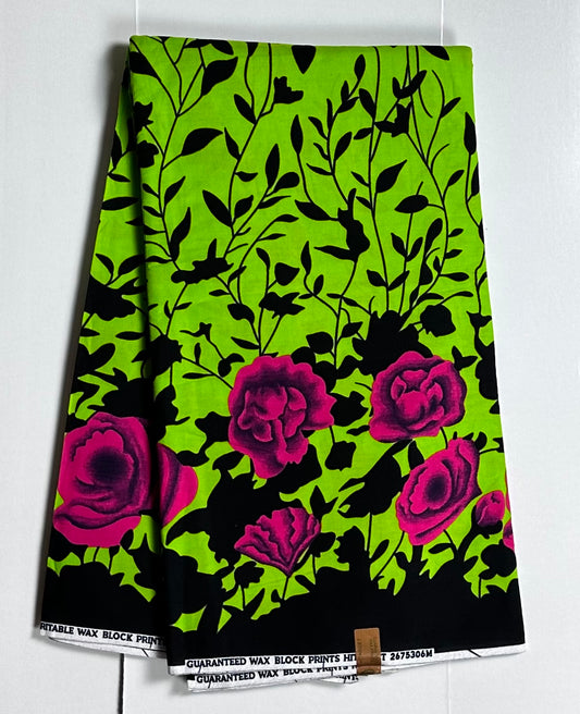 African Print Fabric, Ankara - Green, Pink, Black Fabric