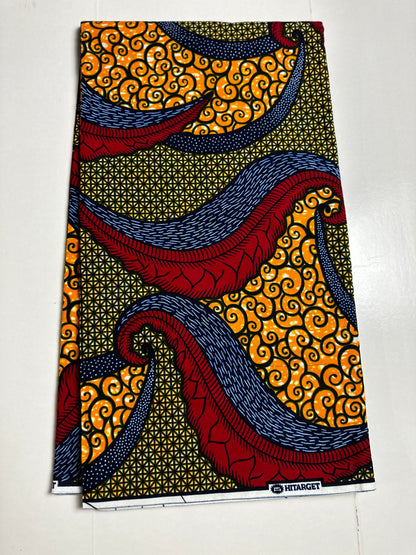 African Print Fabric, Ankara - Brown, Blue, Red, Orange Fabric