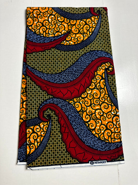 African Print Fabric, Ankara - Brown, Blue, Red, Orange Fabric