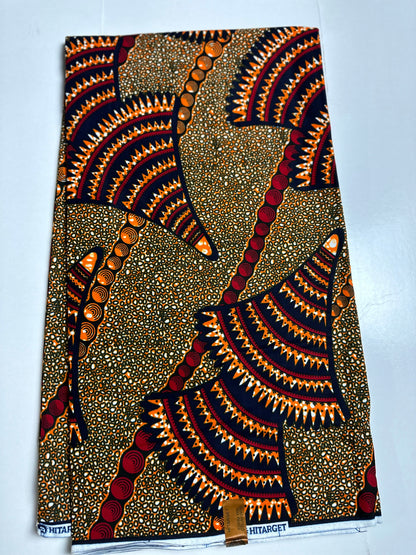 African Print Fabric, Ankara - Brown, Blue, Red, Orange Fabric