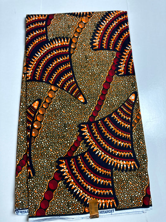 African Print Fabric, Ankara - Brown, Blue, Red, Orange Fabric