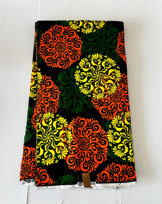 African Print Fabric, Ankara - Orange, Green, Yellow Fabric