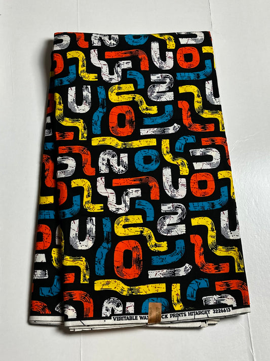 African Print Fabric, Ankara - Orange, Yellow, Blue Fabric