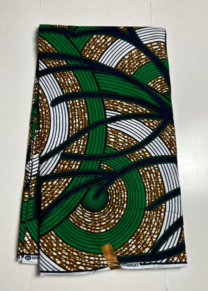 African Print Fabric, Ankara - Green, Brown, White Fabric