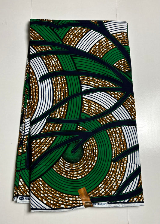African Print Fabric, Ankara - Green, Brown, White Fabric