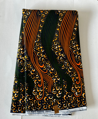 African Print Fabric, Ankara - Green, Orange Fabric