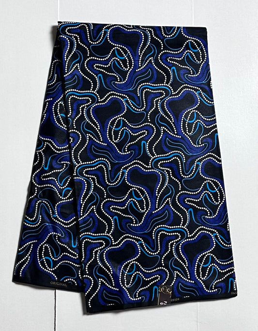 African Print Fabric, Ankara - Blue, Black, White Fabric