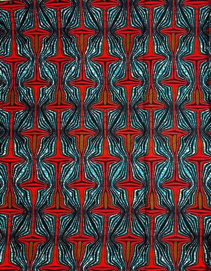 African Print Fabric, Ankara - Teal, Brown, Red Fabric