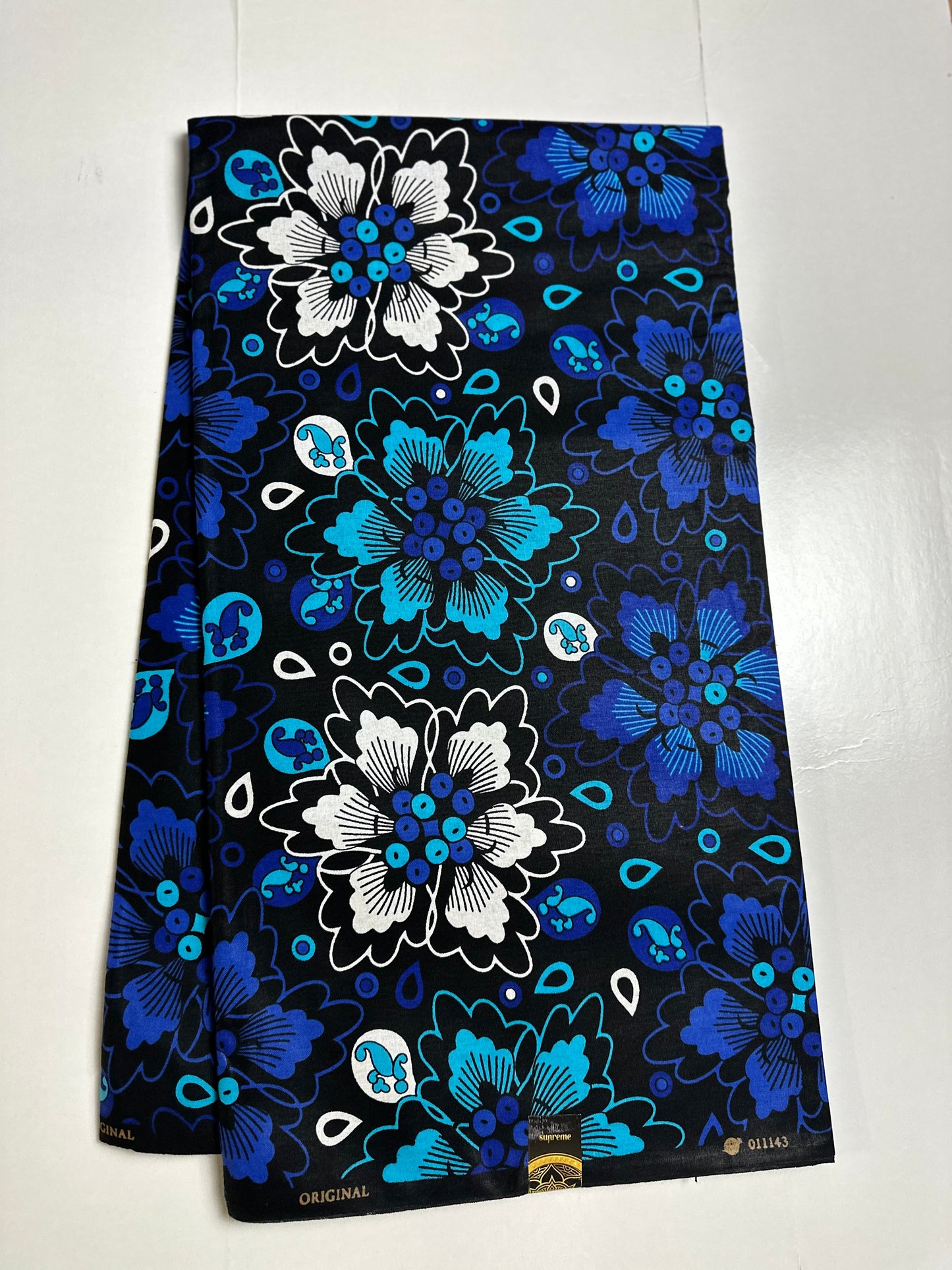 African Print Fabric, Ankara - Blue, White Fabric