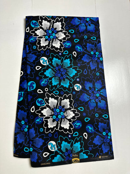 African Print Fabric, Ankara - Blue, White Fabric