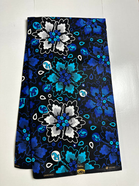 African Print Fabric, Ankara - Blue, White Fabric