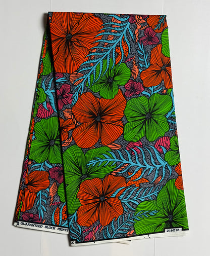 African Print Fabric, Ankara - Green, Orange, Pink Fabric