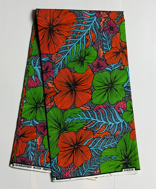African Print Fabric, Ankara - Green, Orange, Pink Fabric