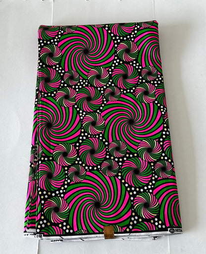 African Print Fabric, Ankara - Pink, Green Fabric