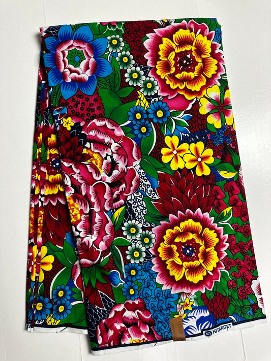 African Print Fabric, Ankara - Pink, Blue, Yellow, Green Fabric