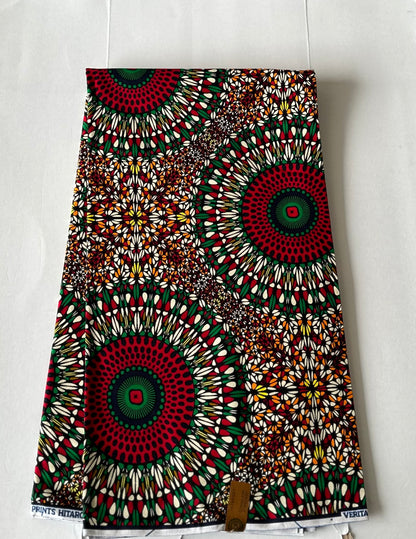 African Print Fabric, Ankara - Green, Red, Orange Fabric