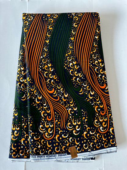 African Print Fabric, Ankara - Green, Orange Fabric