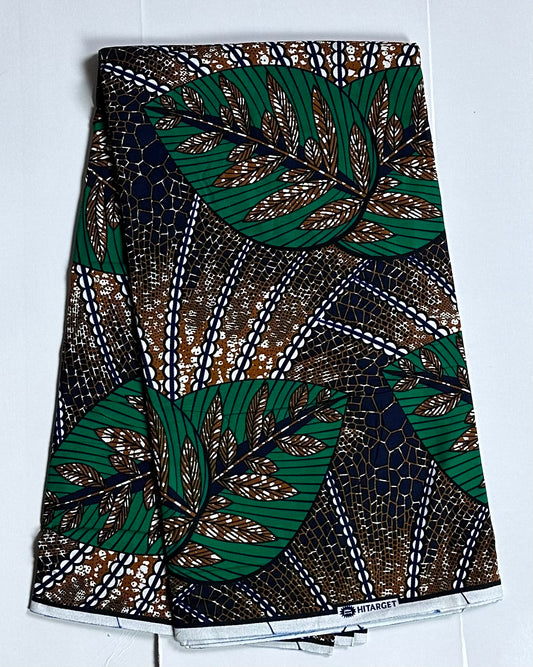 African Print Fabric, Ankara - Green, Brown, White Fabric