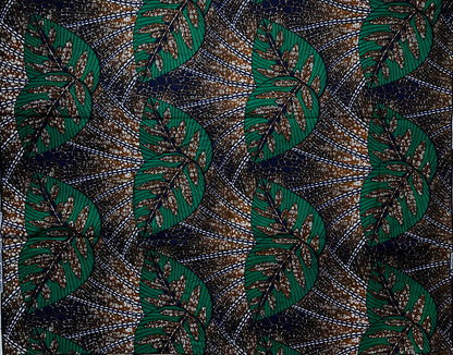 African Print Fabric, Ankara - Green, Brown, White Fabric