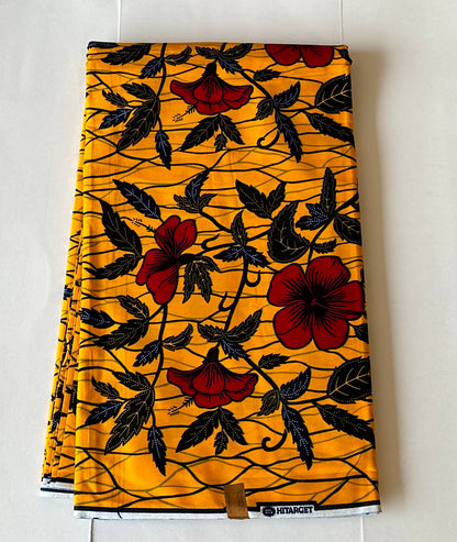 African Print Fabric, Ankara - Yellow, Red Fabric