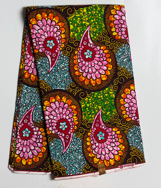 African Print Fabric, Ankara - Pink, Brown, Green Fabric