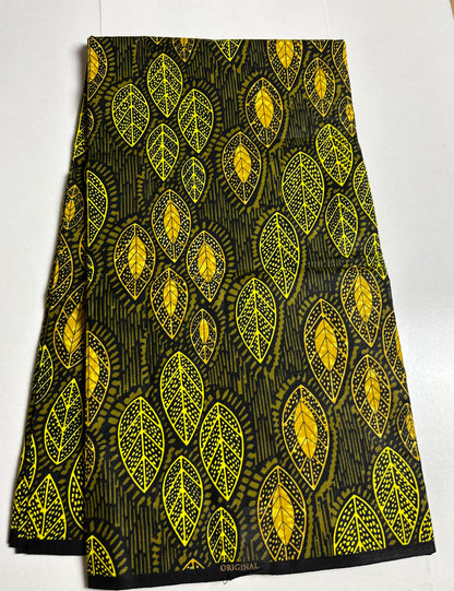 African Print Fabric, Ankara - Yellow, Olive Green Fabric