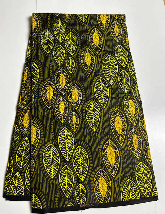 African Print Fabric, Ankara - Yellow, Olive Green Fabric