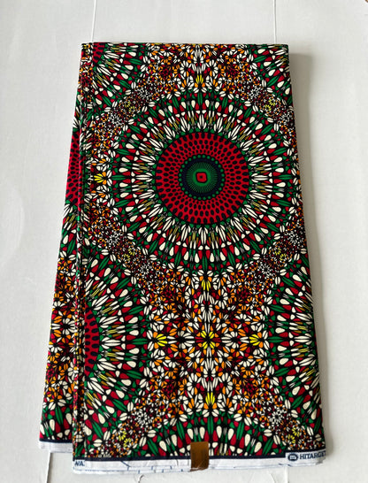 African Print Fabric, Ankara - Green, Red, Orange Fabric