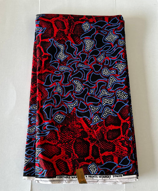 African Print Fabric, Ankara - Blue, Red Fabric