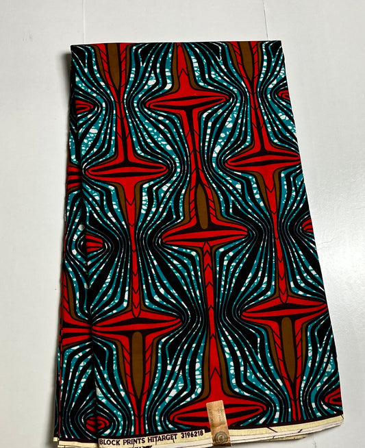 African Print Fabric, Ankara - Teal, Brown, Red Fabric
