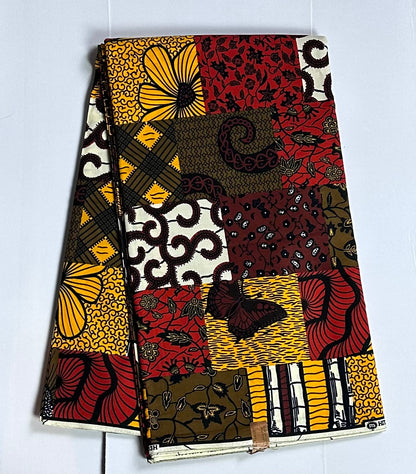 African Print Fabric, Ankara - Red, Brown, Yellow Fabric