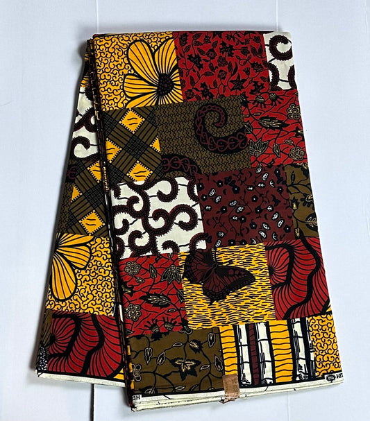 African Print Fabric, Ankara - Red, Brown, Yellow Fabric