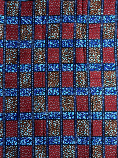 African Print Fabric, Ankara - Blue, Red, Brown Fabric