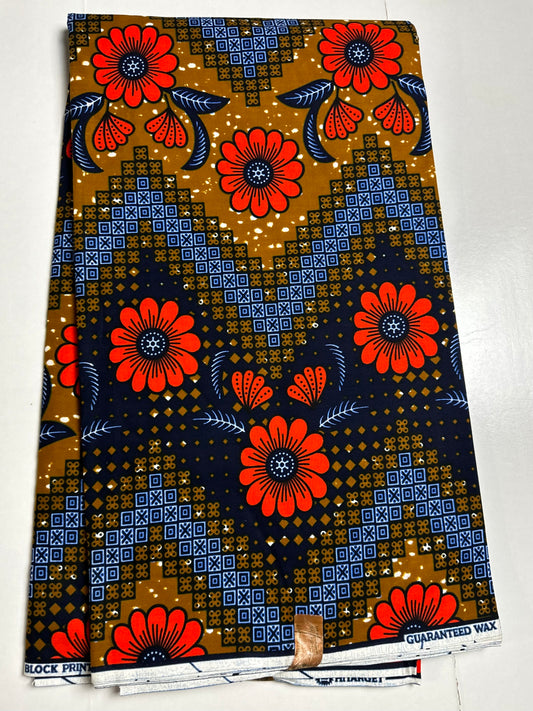 African Print Fabric, Ankara - Blue, Orange, Brown Fabric