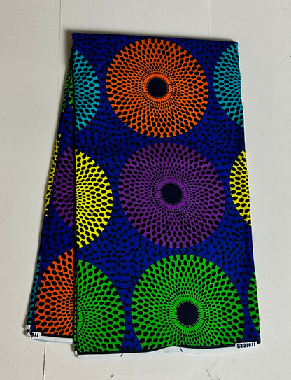 African Print Fabric, Ankara - Blue, Purple, Yellow, Green, Orange Fabric