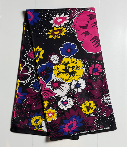 African Print Fabric, Ankara - Pink, Blue, Yellow Fabric