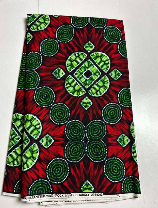 African Print Fabric, Ankara - Green, Red Fabric