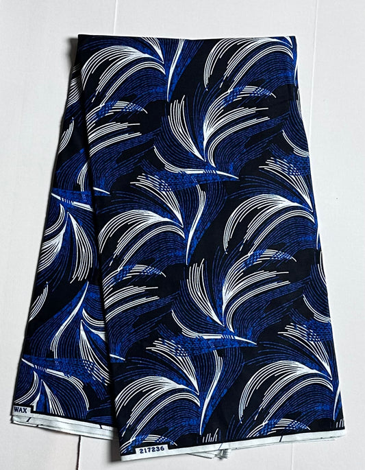 African Print Fabric, Ankara - Blue, Black, White Fabric