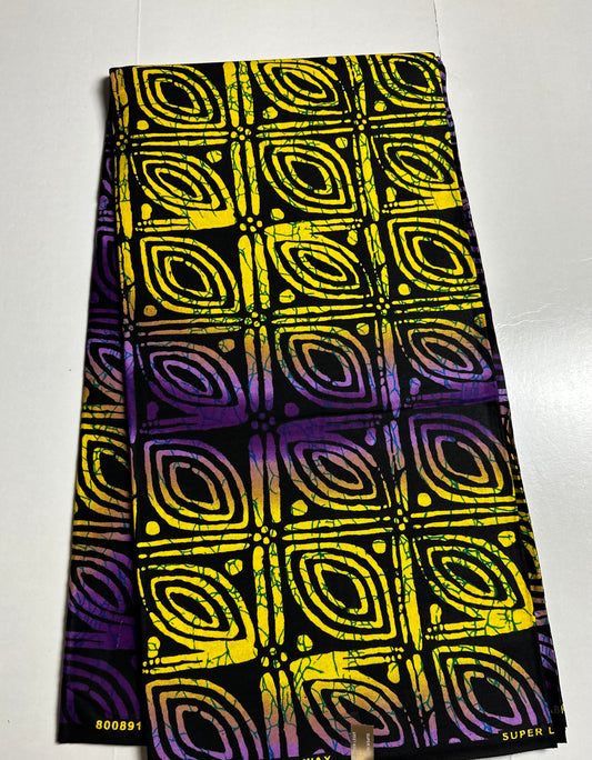 African Print Fabric, Ankara - Yellow, Purple Fabric